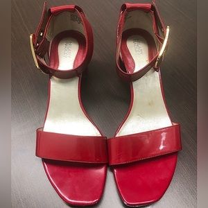 HILARY RADLEY Leather, gold-trim buckle, heeled sandals, red